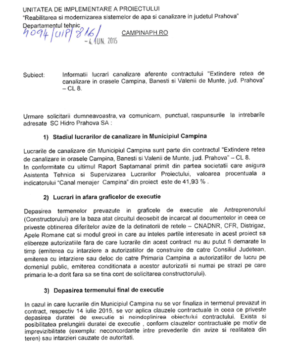 Raspuns Hidro HidroPrahova dă vina pe Consiliul Judeţean şi Primăria Câmpina pentru întârzierea lucrărilor de canalizare